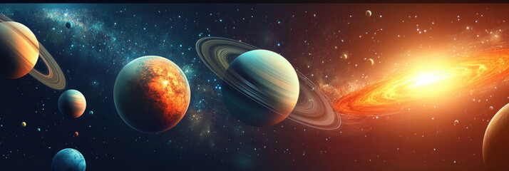 Exploring the vast galaxy with colorful planets and a swirling nebula in the backdrop