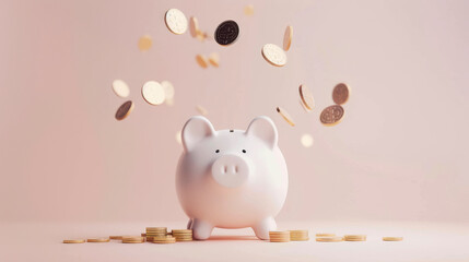 White piggy bank surrounded by falling coins in soft light