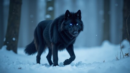 Obraz premium Majestic black wolf standing in a snowy forest at dusk
