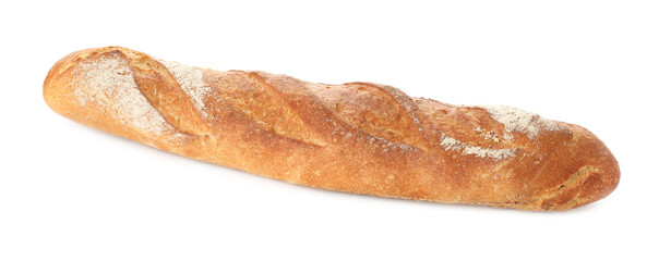 Freshly baked bread. One baguette isolated on white