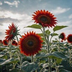 A red sunflower blooming under a radiant white sky.