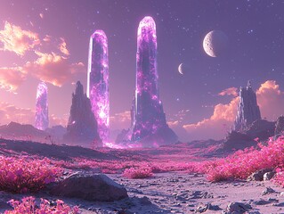 Ethereal Landscape with Crystal Towers and Pink Flora