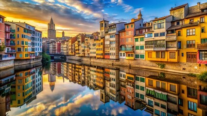 Girona Old Town, Catalonia, Spain: Panoramic View of Colorful Medieval Buildings and Onyar River