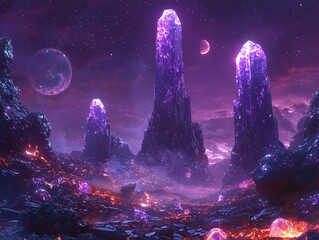 Ethereal Landscape with Glowing Crystals and Cosmic Elements