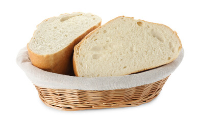 Halves of fresh bread in wicker basket isolated on white