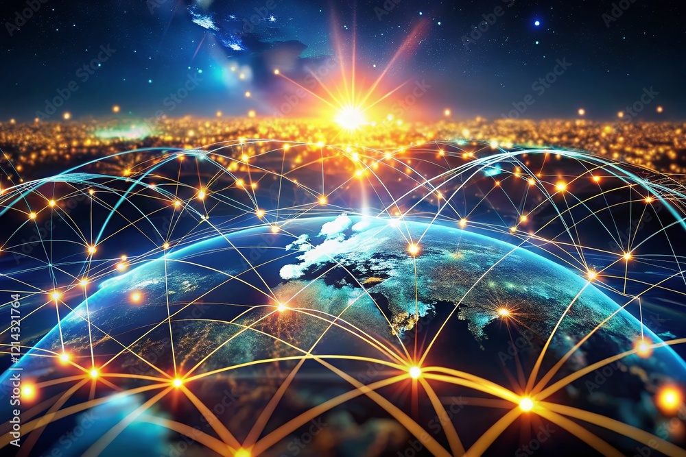 Poster Global Data Network: Illuminated Connections & Data Flow Visualization