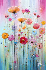A vibrant display of abstract flowers with soft petals and colorful hues spreads across the canvas, creating a joyful and lively atmosphere - Generative AI