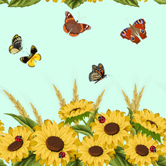 Pattern with sunflowers and ears.Sunflowers and ladybugs on a colored background in a vector pattern.