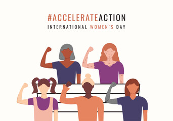 AccelerateAction banner with diversity woman. International Women's Day background. Girls different ethnicities show hands strength. IWD 2025. Accelerate Action.