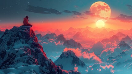 Flat design captures a digital nomad coding from a mountaintop, surrounded by clouds