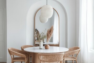 nordic minimalist dining room featuring round marble table, rattan chairs, oversized arched mirror, and cascading pendant lights