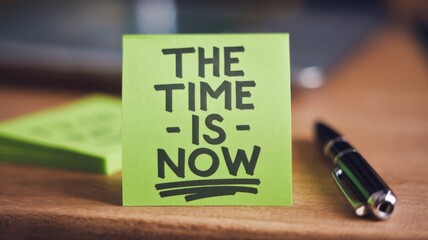Green sticky note with the words "The time is now" as a motivational reminder