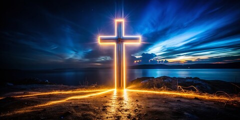Fototapeta premium Glowing Cross Freezelight Photography: Spiritual Symbol in Darkness