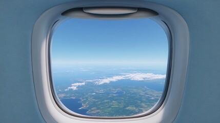 Fototapeta premium A peaceful view from an airplane window of a vast blue ocean, with small white waves 