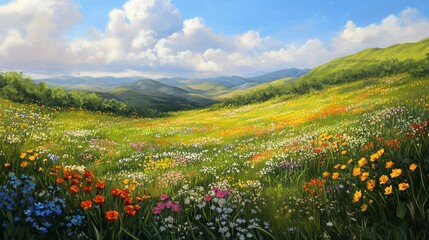 Colorful wildflowers bloom in a sun-drenched mountain valley. Ideal for travel brochures or nature documentaries
