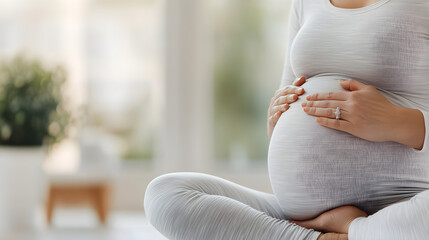 Pregnant woman meditating in studio apartment, breathing positive energy. Girl sitting in asana doing prenatal yoga, mindful practice. Sport for pregnancy people and healthy lifestyle concept.