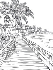 Wooden boardwalk leads to tropical beach houses and palm trees
