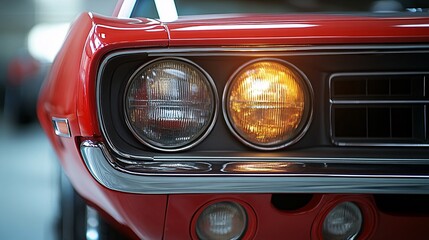 Close-up of a red retro car headlight, showcasing its vintage design and classic style, perfect for automotive enthusiasts.