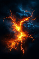 dramatic scene of dark clouds illuminated by bright orange lightning, creating powerful and intense atmosphere. contrast between stormy sky and vibrant lightning evokes sense of awe and energy