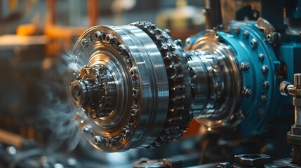 Obraz premium Close-up of a tire balancing machine working on a car wheel in a garage, showcasing the mechanics behind tire alignment and repair.