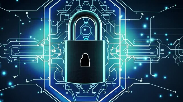 Cybersecurity Lock: A gleaming padlock, secured firmly within a network of glowing blue circuits, symbolizes the strength and integrity of digital security.