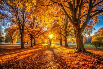 Fototapeta premium Golden Autumn Sunlight Dappling Park Leaves, Surreal Photography