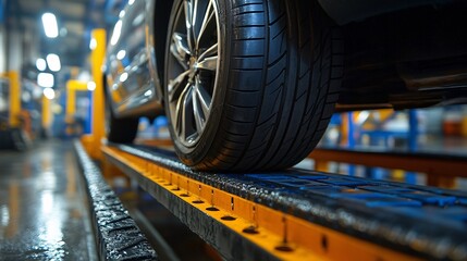 Tire balancing machine operating on a car wheel in an auto repair shop, emphasizing the technology and expertise in maintaining vehicle performance.