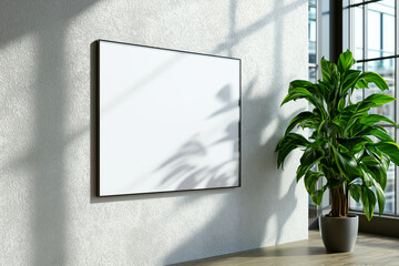 blank glass sign on white wall with plant nearby creates serene atmosphere. natural light enhances minimalist design, perfect for modern spaces