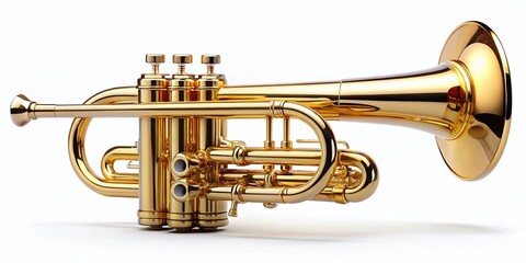 Obraz premium Golden Brass Trumpet Instrument Isolated on White Background, Musical Instrument Stock Photo