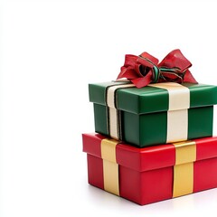 Fototapeta premium A photostock of gift boxes in red, green, and gold with decorative ribbons, placed neatly on a clean white background, symbolizing celebration and festivity. High Quality