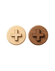 Two wooden plus sign icons on circular bases, one light, one dark on black background