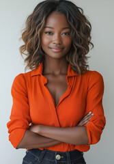 Obraz premium Portrait of a confident woman with shoulder-length hair, wearing an orange blouse and dark jeans, standing with arms crossed against a white background in a bright, professional waist-up shot.