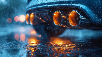 luxury car exhaust tips covered in raindrops, reflecting light at night, showcasing elegance and automotive craftsmanship.