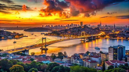 Fototapeta premium Golden Horn Sunset Panorama: Istanbul Metro Bridge Bokeh Cityscape