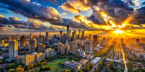 Fototapeta premium Golden Hour Cityscape: Breathtaking Aerial Panorama of Urban Skyline at Sunset
