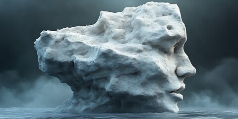Iceberg shaped like a human face in dark water.