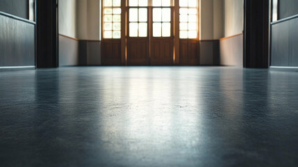 Obraz premium Light streaming through an open door in a quiet hallway evokes a sense of calm