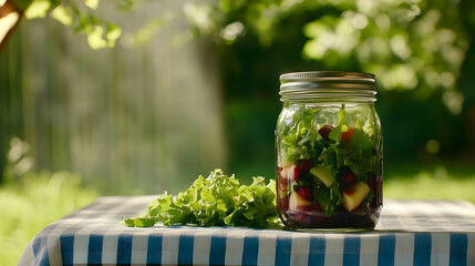 A jar filled with fresh salad ingredients sits on a checkered tablecloth in nature.