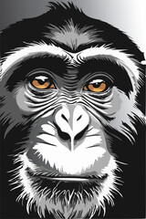 Realistic Chimpanzee Face Illustration vectors in Monochrome with Bold Orange Eyes