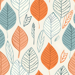 A pattern of colorful leaves in orange and blue on a light background.