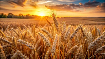 Naklejka premium Golden Hour Wheat Field Harvest: Dawn's Sunlit Landscape Photography