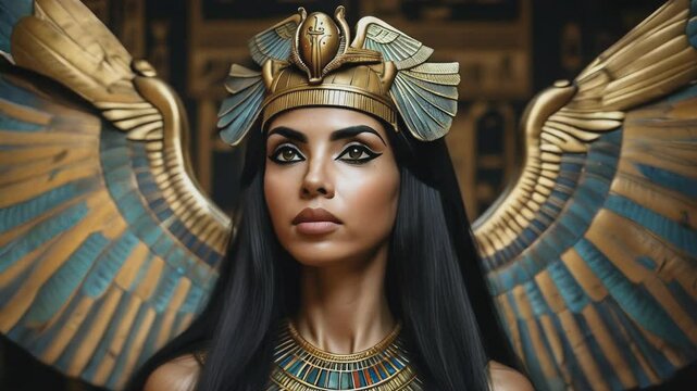 The Egyptian goddess Isis, depicted in regal attire with a golden headdress and majestic wings. A symbol of magic, wisdom, and divine power from ancient mythology.