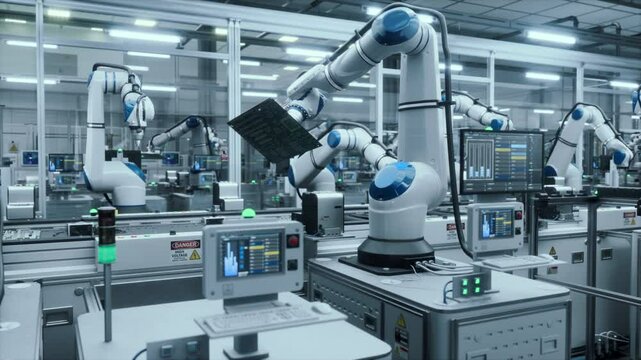Robotic Arms Automate Circuit Board Assembly Inside a Smart Factory. Factory Floor with Automatic Conveyor is Powered by an Artificial Intelligence Software Without Human Help and Assistance