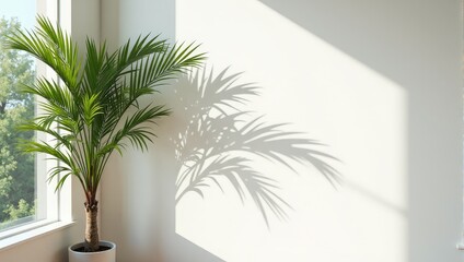 Fototapeta premium A lush Areca palm nestles in a white pot against a pristine white corner wall, basking by a window. Its delicate leaves cast gentle shadows, creating a serene ambiance
