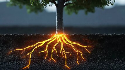 A tree with glowing roots, illustrating the connection between earth and energy.