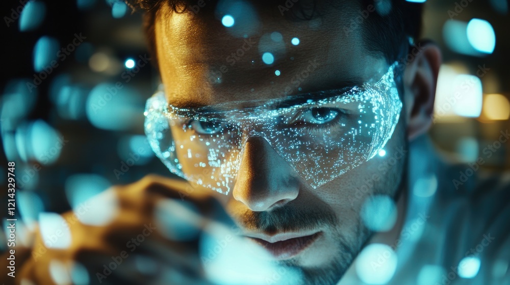 Poster close up portrait of a scientist wearing futuristic smart glasses analyzing data and digital informa