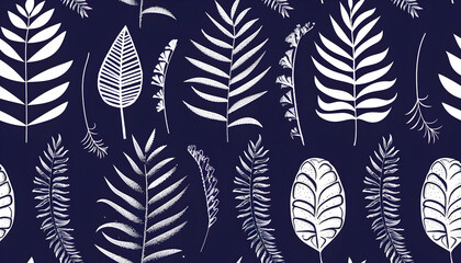 A seamless pattern featuring various white leaf designs on a dark background.