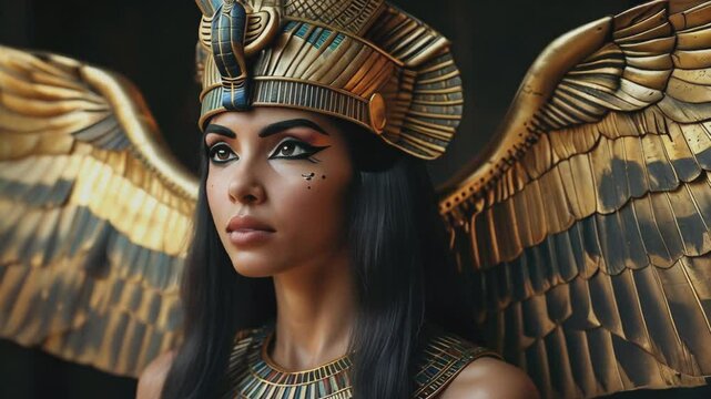 A stunning depiction of the Egyptian goddess Isis, adorned with a golden headdress and intricate jewelry, standing before majestic wings. A powerful symbol of divinity, magic, and ancient mythology.