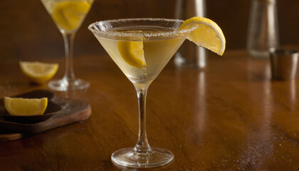 Martini glass with condensation and lemon twist on a wooden table