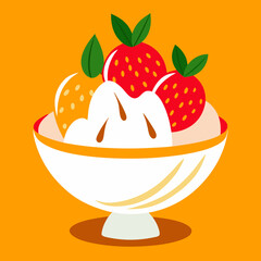 Bowl of ice cream topped with fresh strawberries ready to enjoy